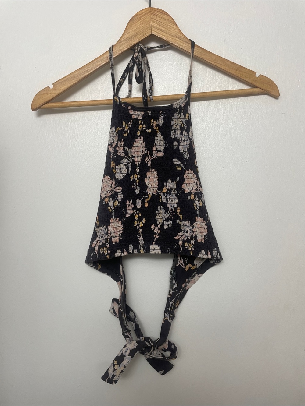 Billabong Black Halter Smocked Crop Top with Blush Floral